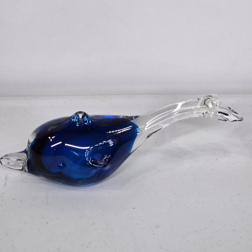 Vintage Murano Style Hand-blown Art Glass Paperweight Blue Whale Dolphin Shape - Picture 8 of 14